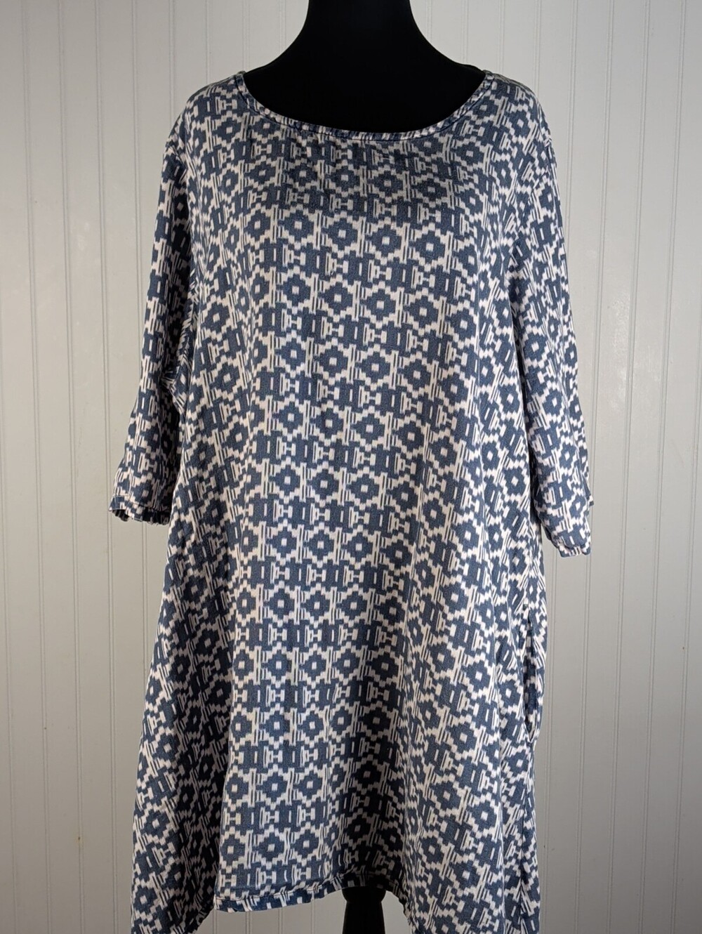 Bryn Walker Blue and White 100% Linen Patterned Loose Fit Dress 1X
